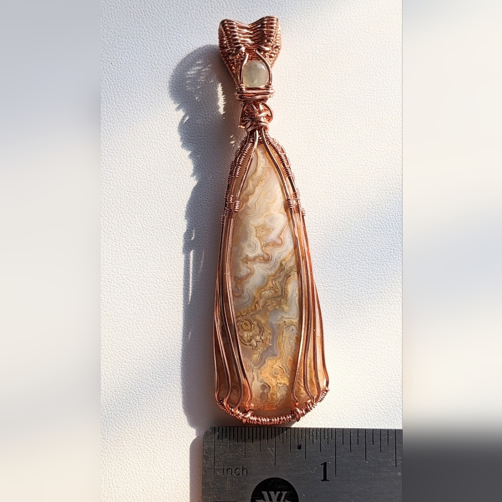 Golden Lace Agate Pendant Necklace Unique Artisan Copper Design - Picture 11 of 17